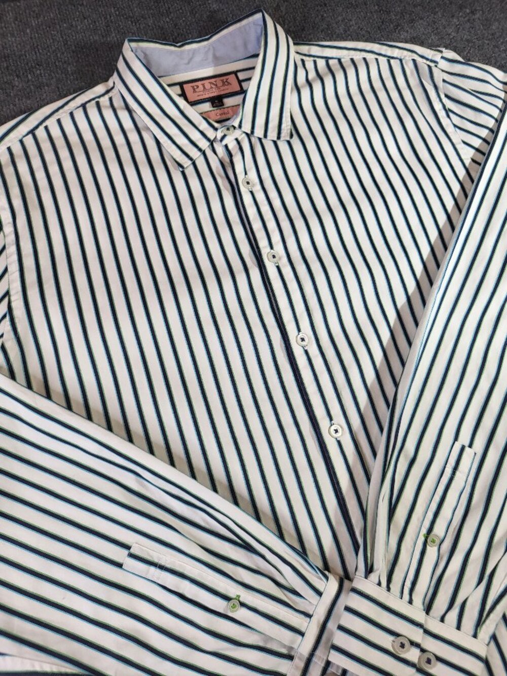 Thomas Pink Shirt Men's XL White Blue Stripes Long Sleeve Button Up Casual